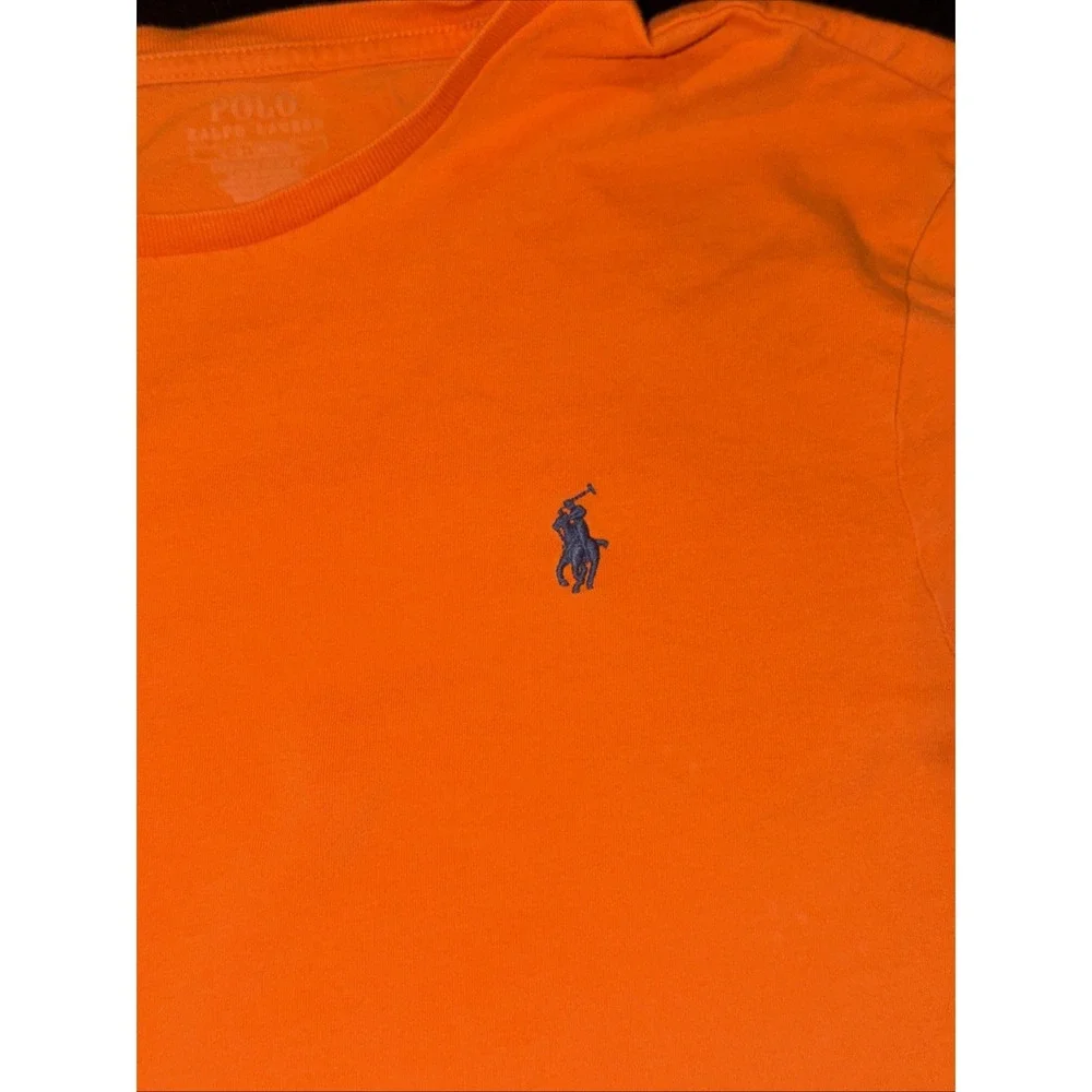 Polo Ralph Lauren Orange Crew Neck Tee Shirt Blue Pony Custom Fit Size Large
